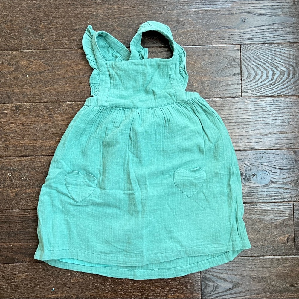 Baby Boden size 3-4 green muslin apron cross back dress